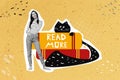 Creative poster collage of beautiful young woman choose book lover black drawing cat cozy calm weekend read more