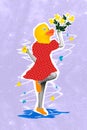 Creative poster collage of cute adorable woman rubber duck head dancing hold bouquet little duckies spring summer