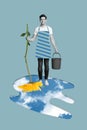 Creative poster collage of cute young handsome man holding daisy flower washing floor eco cleaning house sky clouds