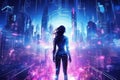 Creative poster collage of cyberpunk neon blue pink city light female robot