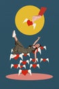 Creative poster collage of funny female falling love heart wings hand hold valentine day dating concept weird freak