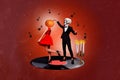 Creative poster collage of funny funky couple dancing have fun tango date man skeleton skull head woman dress pumpkin Royalty Free Stock Photo