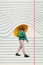 Creative poster collage of funny male walking hold umbrella rainy paper lines copybook notebook ruled page magazine
