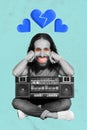 Creative poster collage of funny man dj have fun listen music disco party boombox tape recorder broken heart crack mouth