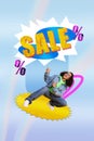 Creative poster collage of funny stylish trendy female pointing fingers sales jeans costume suit african american market