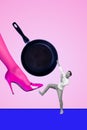 Creative poster collage of funny young man frightened jealous wife girlfriend under heel frying pan magazine surrealism Royalty Free Stock Photo