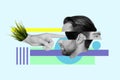 Creative poster collage of hand pushing male face glitch visual effect green organic grass ecology environment mind