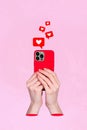 Creative poster collage of hands holding device gadget telephone heart icon social media smm manager successful blogger