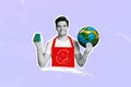 Creative poster collage of happy positive young man holding sponge planet earth wash dirt climate change clean up Royalty Free Stock Photo