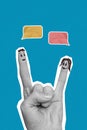 Creative poster collage of human hands make rock roll sign imagine two fingers couple interact with each other isolated