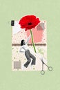 Creative poster collage of little energetic young woman miniature holding gerbera red flower notebook spring 8 march