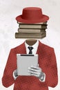 Creative poster collage of man holding tablet ereader read ebook app promo pile book bookworm wear suit hat bookstore