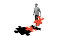 Creative poster collage picture of guy hold missing part to complete jigsaw puzzle Royalty Free Stock Photo