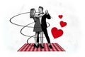 Creative poster collage of positive couple dancing elegant waltz concert dating concept valentine day fantasy billboard
