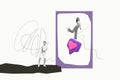 Creative poster collage of positive couple dancing photographing heart love dating concept valentine day fantasy