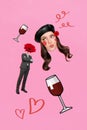 Creative poster collage of romantic date attractive elegant woman beret man suit gerbera flower head glasses wine dream