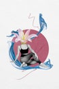 Creative poster collage of sporty female flower lily blossom instead head nature perfumery aroma fantasy billboard