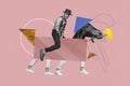 Creative poster collage of young gentleman cowboy riding horse legs walking bizarre unusual fantasy billboard Royalty Free Stock Photo