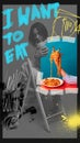 Creative poster with elegant young woman posing on chair and hand with delicious Italian pasts. Street style