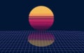 Creative poster made with 80s synthwave styled landscape with blue grid mountains and sun over space planet canyon