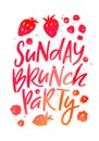 Creative Poster for Sunday Brunch Party. Hand Drawn Fruits and Berries in Isolated on White