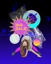 Creative poster. Young stylish girl over dark abstract background. Big sales season, shopping activity. Contemporary art Royalty Free Stock Photo