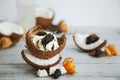 Creative presentation of ice cream in coconut shell, decorated with mulberry and physalis berries Royalty Free Stock Photo