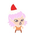 A creative pretty flat color illustration of a elf girl wearing santa hat