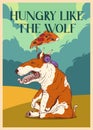 Creative print, placard. Vector illustration of pit bull, listening to the music and thinking about pizza