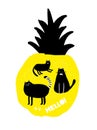 Creative print with yellow fruit pineapple and three black cats.