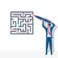 Creative problem solving. Businessman standing about wall drawing exit from labyrinth