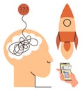 Creative problem solving and innovation concept with brain confusion, rocket, and smartphone Royalty Free Stock Photo