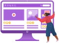 Creative process of graphic designer or web developer. Woman placing banners and interface