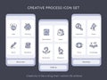 Creative process icon set idea thinking pencil notebook sketchbook brainstorm research vision focus knowledge with chromatic color