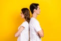 Creative profile photo of young couple best friends folded arms wear white t-shirts look another ways empty space