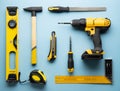 Creative provocation: a flat layout of yellow hand tools on a blue background.