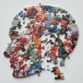 Creative puzzle art depicting a human profile in a burst of colors and neurographic patterns, with missing pieces around