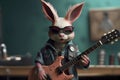 A creative rabbit dressed up in punk rock style plays the guitar. AI generated