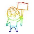 A creative rainbow gradient line drawing bearded protester cartoon