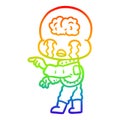 A creative rainbow gradient line drawing cartoon big brain alien crying and pointing Royalty Free Stock Photo