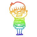 A creative rainbow gradient line drawing cartoon boy with books wearing spectacles