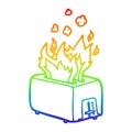 A creative rainbow gradient line drawing cartoon burning toaster Royalty Free Stock Photo