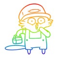 A creative rainbow gradient line drawing cartoon cat builder stopping for lunch Royalty Free Stock Photo