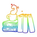 A creative rainbow gradient line drawing cartoon coffee cup and study books