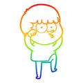 A creative rainbow gradient line drawing cartoon curious boy rubbing eyes in disbelief