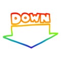 A creative rainbow gradient line drawing cartoon down arrow