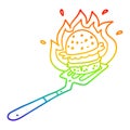 A creative rainbow gradient line drawing cartoon flaming burger on spatula