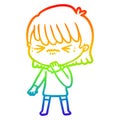A creative rainbow gradient line drawing cartoon girl regretting a mistake