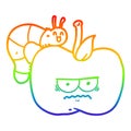 A creative rainbow gradient line drawing cartoon grumpy apple and caterpillar Royalty Free Stock Photo