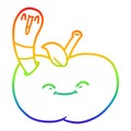 A creative rainbow gradient line drawing cartoon happy worm in an apple Royalty Free Stock Photo